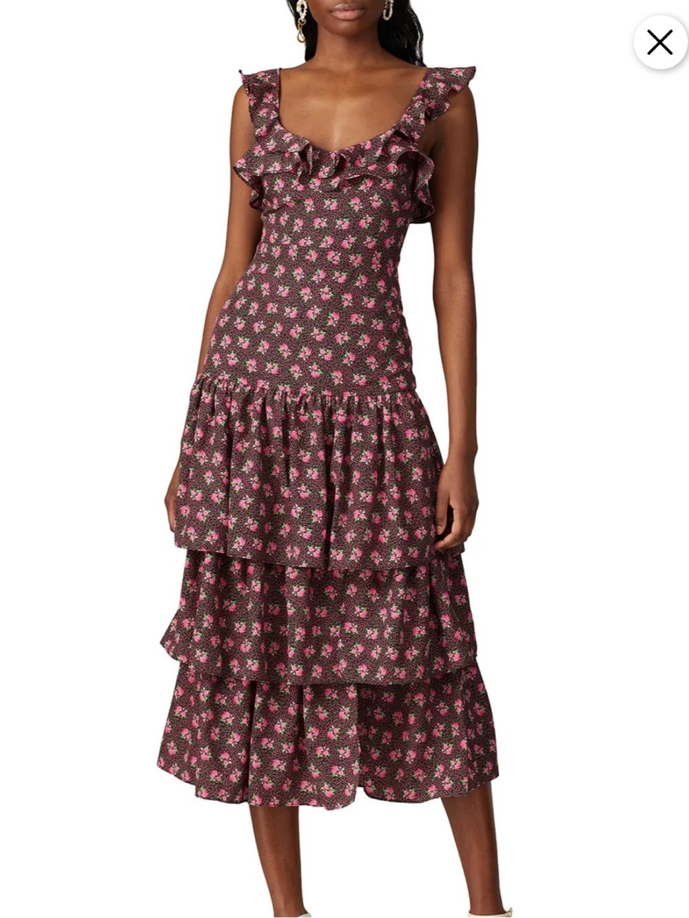 Likely Janie black floral midi ruffle dress
